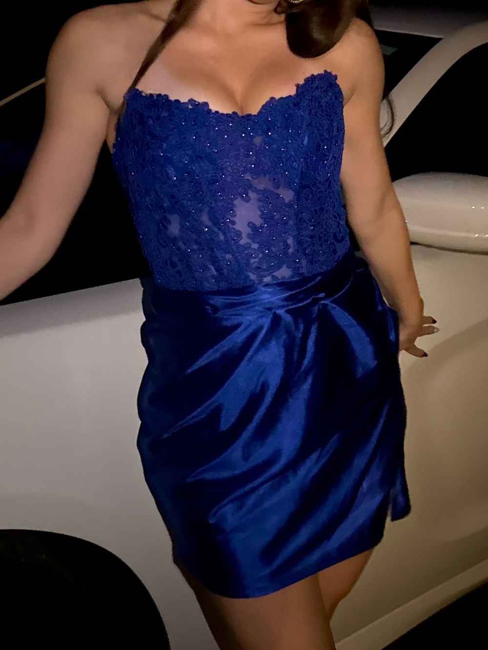 Blue Strapless Lace & Satin Mini Dress